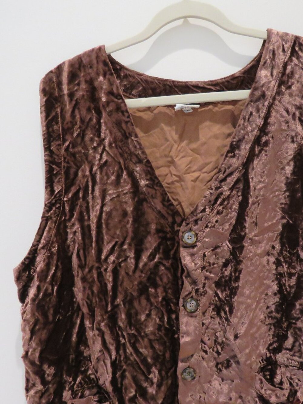 VINTAGE CP SHADES Crushed Brown Velvet Waistcoat Large 90s Lagenlook Grunge - Picture 4 of 13